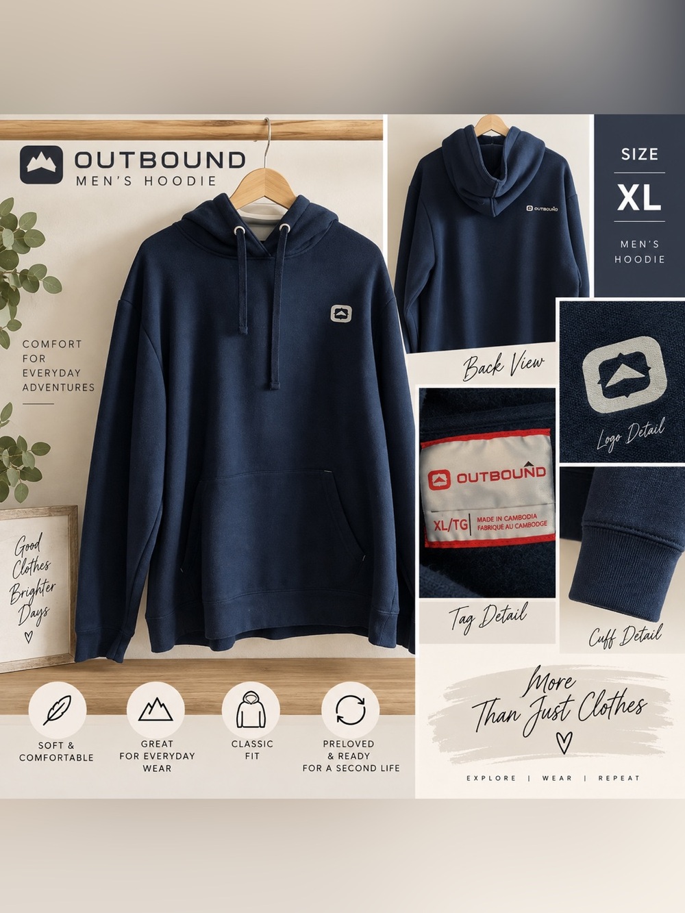 Outbound Men’s XL Navy Blue Pullover Hoodie Logo Sweatshirt